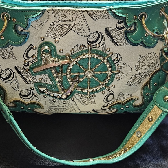 COWGIRL TRENDY Conceal Carry Purse Handbag Turquoise Teal Anchor Ship Wheel *NEW - Picture 3 of 11